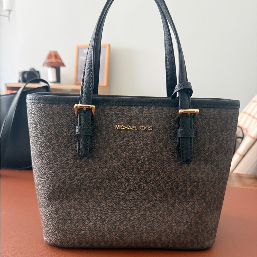Michael Kors Black and Brown Jet Set Travel Bag